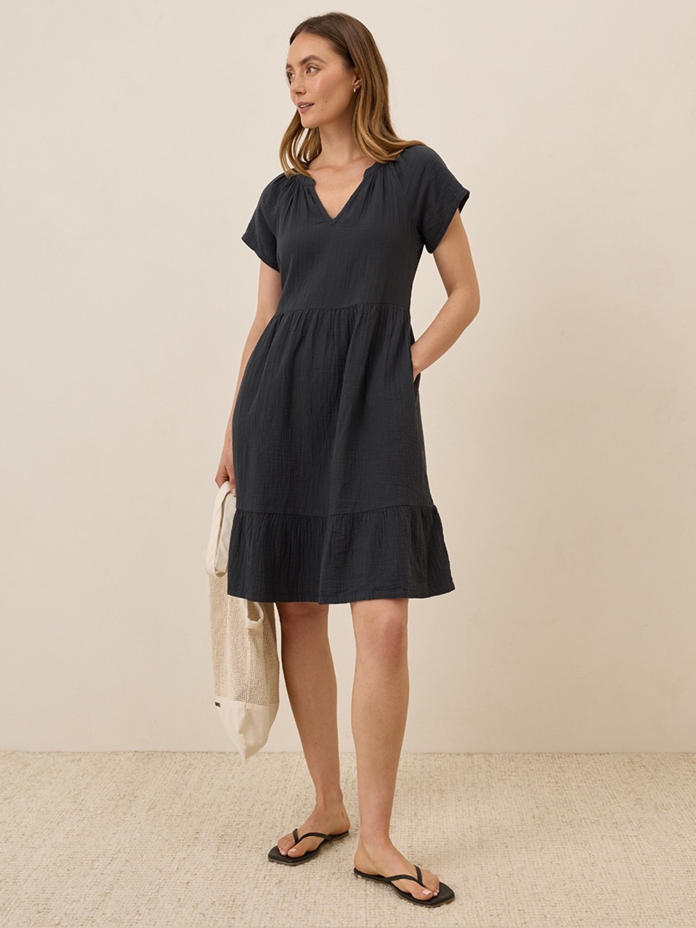 ‼️EUC: Pact Organic Black Coastal Double Gauze Tie Back Midi Dress - M